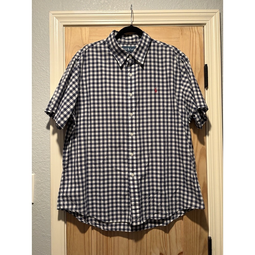 Ralph Lauren Button Down Shirt XXL Navy Blue Gingham Custom Fit‎ Short Sleeve